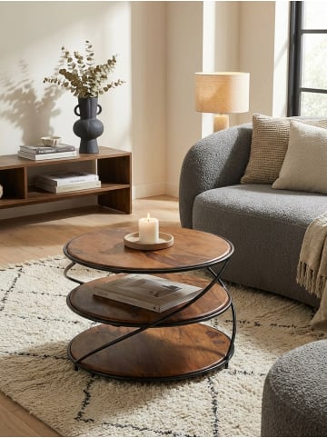 KADIMA DESIGN Sheesham-Massivholz Couchtisch, außergewöhnliches Design, 3 Ablagen