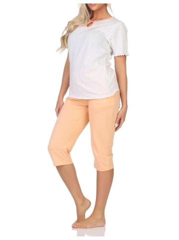 NORMANN Kurzarm Schlafanzug Capri Pyjama Tupfen Punkte Optik in apricot