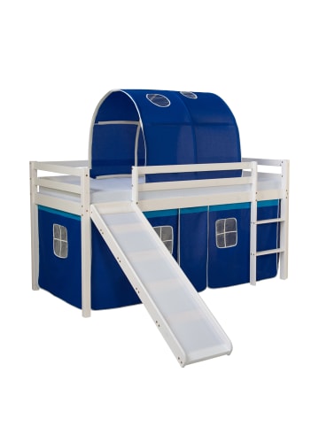 Homestyle4u Hochbett 90x200 mit Vorhang, Lattenrost, Matratze, Rutsche, Tunnel in Weiß