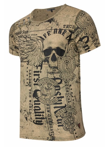 Rusty Neal Verwaschenes T-Shirt mit "Flying-Skull" Print in Khaki