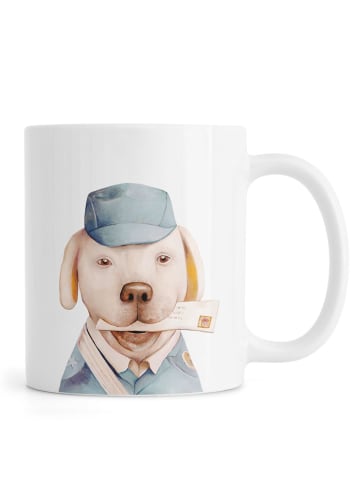 Juniqe Tasse "Delivery Dog" in Blau & Cremeweiß