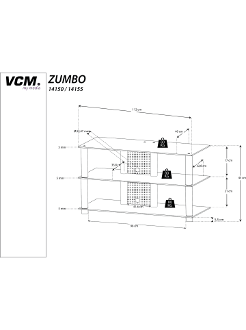 VCM  TV Möbel Fernseh Rack Alu Glas Zumbo in Schwarzglas