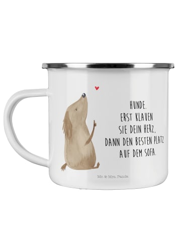 Mr. & Mrs. Panda Camping Emaille Tasse Hund Liebe mit Spruch in Weiß