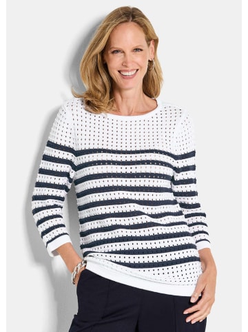 GOLDNER Strickpullover Ajourpullover mit Streifenmuster in weiß / marine / geringelt