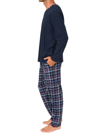 NORMANN Schlafanzug langarm mit karierter Jersey Hose in marine