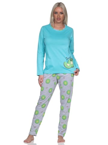 NORMANN Schlafanzug langarm Pyjama Pyjamahose Kiwi print - 86369 in türkis