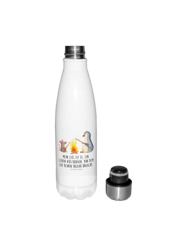 Mr. & Mrs. Panda Sportflasche Pinguin Lagerfeuer mit Spruch in Weiß