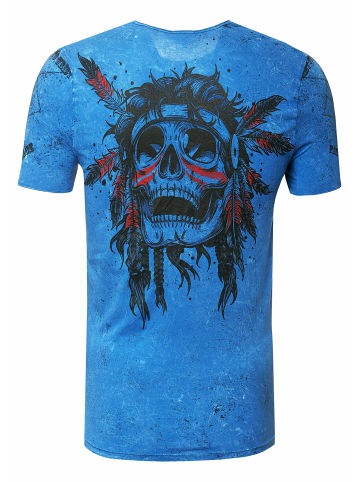 Rusty Neal Verwaschenes Rundhals T-Shirt mit Knopfleiste und Prints in Blau