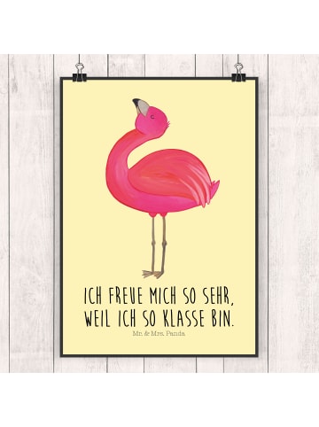Mr. & Mrs. Panda Bild Flamingo Stolz mit Spruch in Gelb Pastell