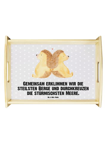 Mr. & Mrs. Panda Holztablett Igel händchenhaltend mit Spruch in Grau Pastell