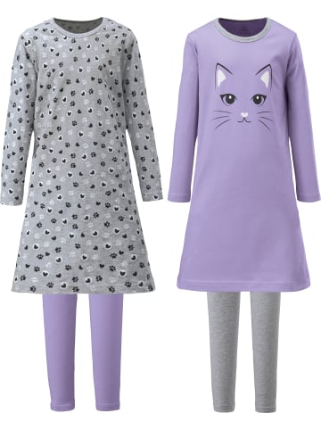Erwin Müller Single-Jersey Kinder-Nachthemd mit Leggings 2er-Pack in flieder/grau meliert