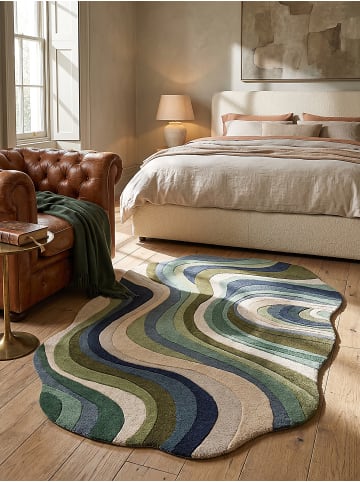 KADIMA DESIGN Wollteppich fussbodenheizung-geeignet EFFRA Wellen-Swirl retro in Erdtöne-Grün