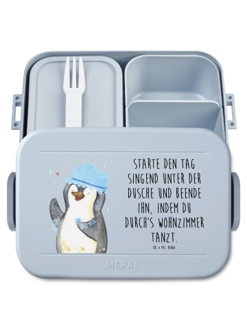 Mr. & Mrs. Panda Snackbox Pinguin Duschen Motiv mit Spruch in Blau Pastell