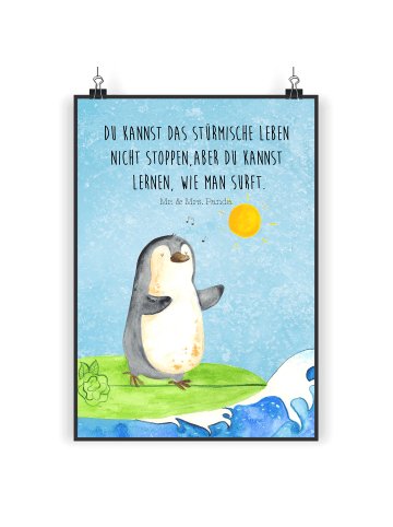Mr. & Mrs. Panda Wandbild Pinguin Surfer mit Spruch in Eisblau