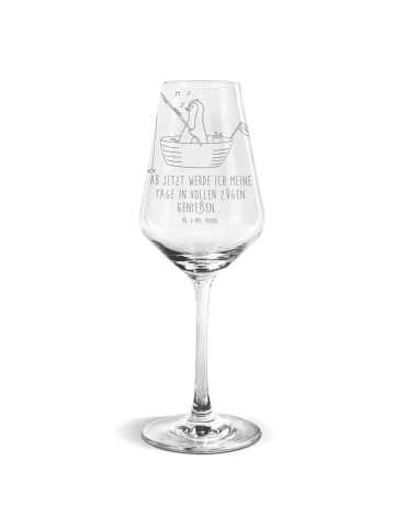 Mr. & Mrs. Panda Weißwein Glas Pinguin Angelboot mit Spruch in Transparent