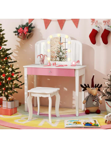 COSTWAY 2 in 1 Kinder Schminktisch mit Beleuchtung ab 3 Jahren in Weiß