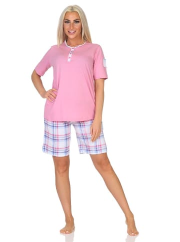 NORMANN Schlafanzug kurzarm Pyjama Shorty karierte Jersey Hose in rosa