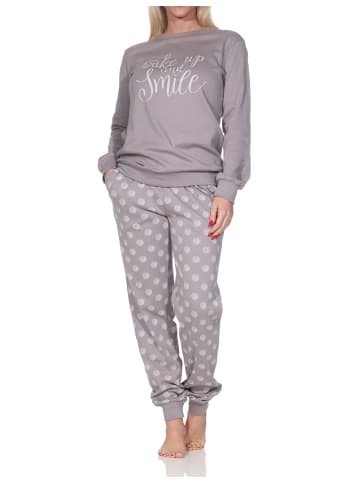 NORMANN Langarm Kuschel Interlock Schlafanzug Langarm Tupfen Optik in sand