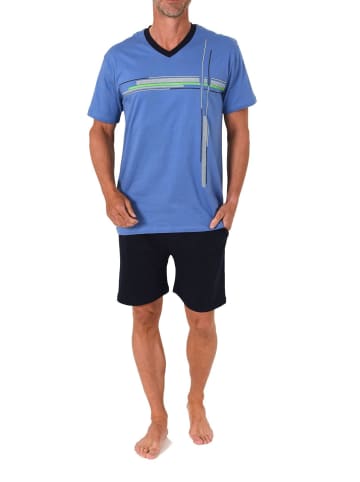 NORMANN Shorty Schlafanzug kurzarm Pyjama Frontprint Übergrösen in blau