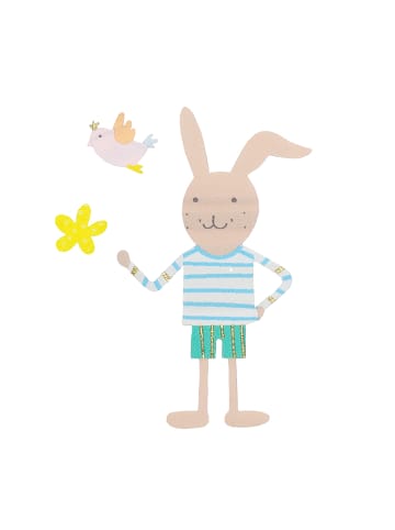 fabfabstickers Herr Hase mit Blüte und Vogel in Pastell und Gold zum Aufbügeln