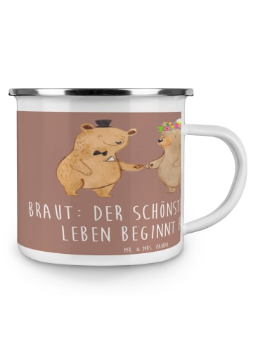 Mr. & Mrs. Panda Becher Emaille Braut Tag mit Spruch in Braun Pastell