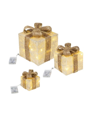 MARELIDA 3er Set LED Geschenkboxen Timer für Innen Batteriebetrieb in creme, gold