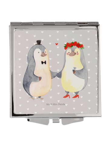 Mr. & Mrs. Panda Handtaschenspiegel quadratisch Pinguin Heirat o... in Grau Pastell