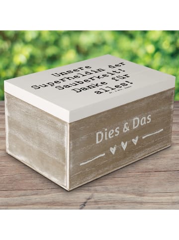 Mr. & Mrs. Panda Holzkiste Spruch Putzfrau Superheldin mit Spruch in Weiß