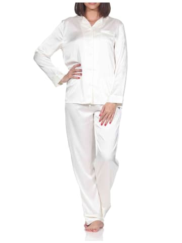 NORMANN Satin Schlafanzug langarm Pyjama Knopfleiste in creme