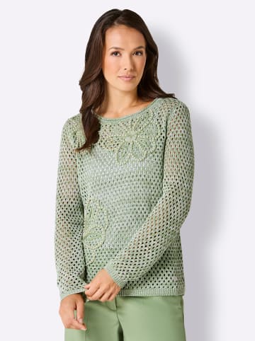creation L Ajourpullover in eucalyptus-ecru-meliert