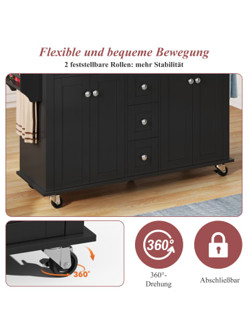 ABRIHOME Kücheninsel in Schwarz mit ausklappbarer Arbeitsplatte 120x65 cm 