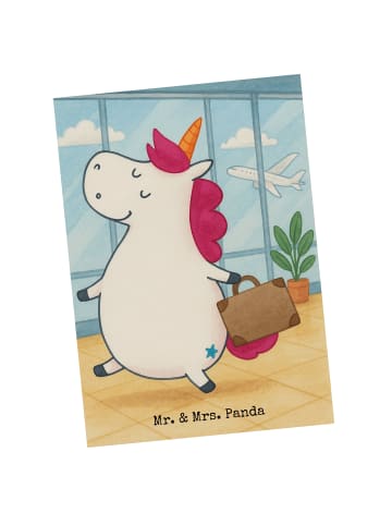 Mr. & Mrs. Panda Postkarte Einhorn Koffer Design ohne Spruch in Weiß