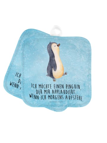 Mr. & Mrs. Panda 2er Set Topflappen  Pinguin marschieren mit Spruch in Eisblau