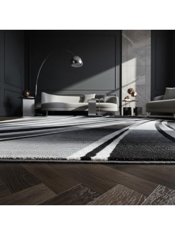 Teppich Kurzflor Waschbar Wellen DRAU Strapazierfähig OEKO-TEX in Schwarz