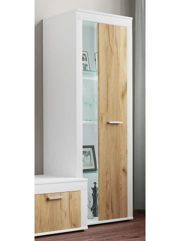 VCM  Schrank Vitrine Wohnzimmer Holz Glas Usilo in Weiß / Honig-Eiche