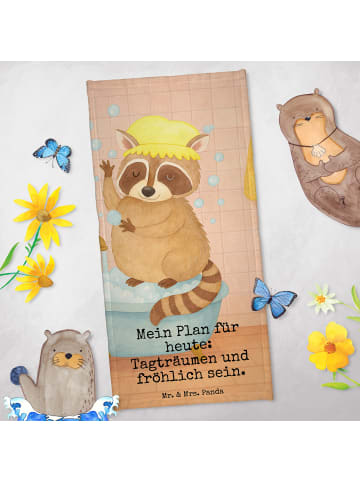 Mr. & Mrs. Panda Badehandtuch Waschbär Design mit Spruch in Gelb Pastell
