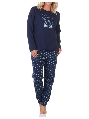 NORMANN Normann Damen Pyjama Schlafanzug langarm mit süßem Teddy - 88894 in navy
