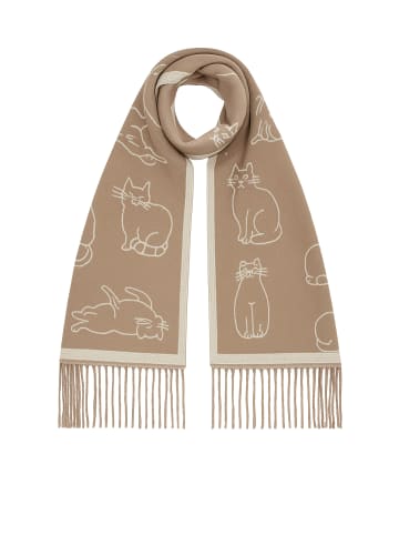 Faera Schal mit Katzenmotiv und Fransen in Beige