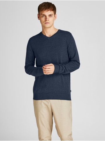 Jack & Jones Dünner Langarm Strickpullover V-Neck Basic Sweater JJEEMIL in Navy