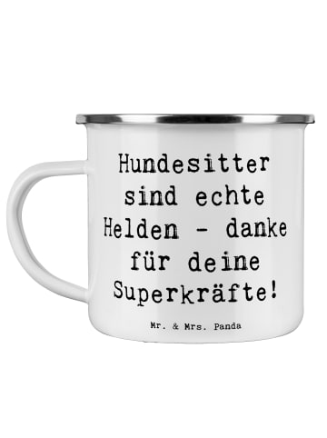 Mr. & Mrs. Panda Emaille Tasse Spruch Hundesitter Helden mit Spruch in Weiß