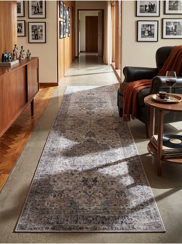 KADIMA DESIGN Kurzflor-Teppich waschbar VERNANTE kantiges Medaillon Flur in Beige-Grau