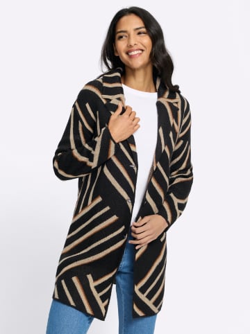 Sieh an! Long-Strickjacke in schwarz-beige-gemustert