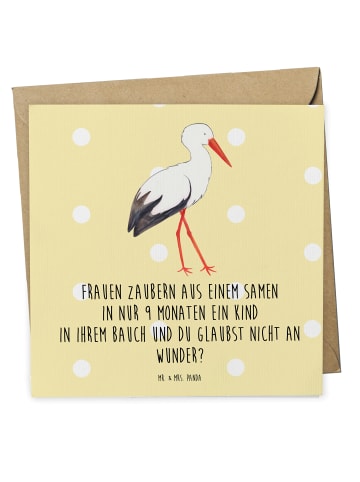 Mr. & Mrs. Panda Einladungskarte Storch mit Spruch in Gelb Pastell