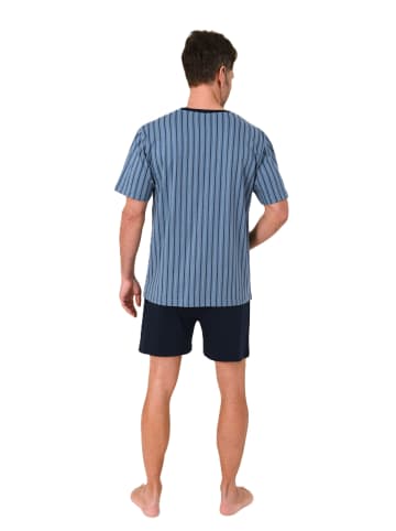 NORMANN Kurzarm Schlafanzug Shorty Pyjama Minimalprint in blau
