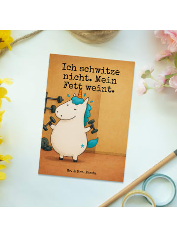 Mr. & Mrs. Panda Ansichtskarte Einhorn Fitness Design mit Spruch in Weiß