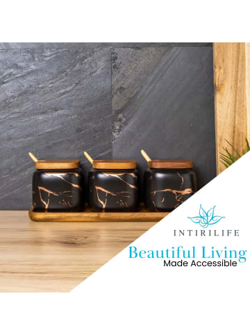 Intirilife Zuckerdose 3er Set mit Deckel Löffel Holztablett Vorratsdose Keramik in Schwarz