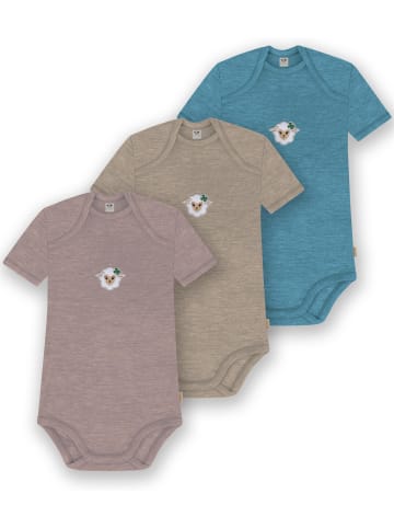 Normani Outdoor Sports 3er Set Baby Merino Body Kurzarm Tauranga in Blau/Beige/Rosa