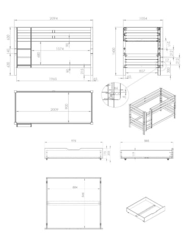 58 aufm Kessel ETAGENBETT Karolina 210x140x105 aus Massivholz in natur