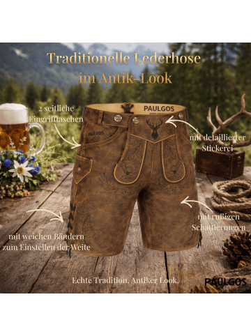 PAULGOS Lederhose Kurz Echtleder HK5 ANTIK in Whiskybraun