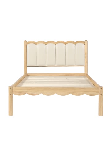 ABRIHOME Polsterbett in Beige 90x200 cm mit PU Kopfteil Wellendesign Massivholz